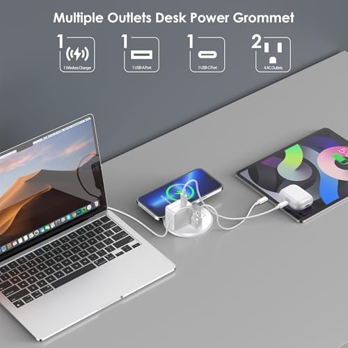 Elevate Your Workspace with a 15 W Wireless Charging Recessed Power Grommet – 20 W USB-C Fast Charging Station, Dual AC Power Outlets, Sleek Flush Mount Desk Power Solution for Tidy Cable Management and Enhanced Efficiency in Office and Home Environments