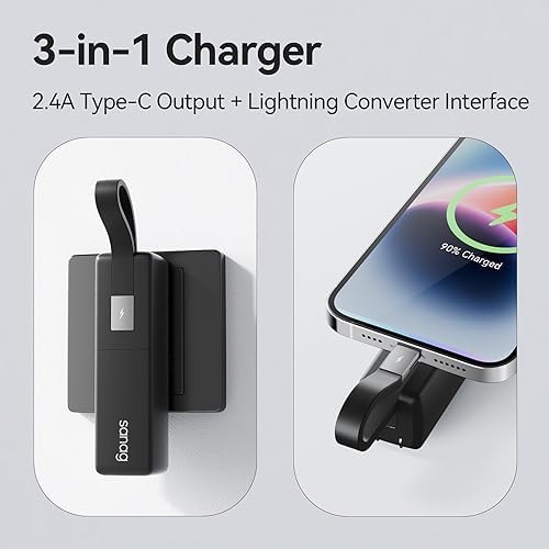 Sanag 3-in-1 Compact Power Bank with Built-in USB-C Cable and AC Plug – 5,000 m Ah Fast Charging Mini External Battery Pack for i Phone 15/14, Galaxy, and Mac Book (Black) – Ultimate Travel Charging Solution for On-the-Go Power Needs