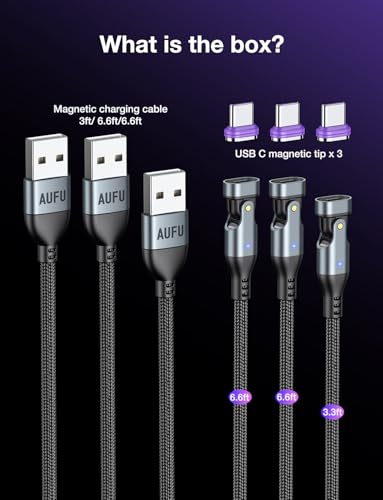 AUFU 16PIN USB C Magnetic Charging Cable (3Pack, 3.3/6.6/6.6ft), 180° Rotation Magnet Charger Cable/Magnetic USB C Cables/Magnet Phone Charger/Data Transfer Charging Cables for Phone/Tablet/Laptop – Enhanced Compatibility and Speed