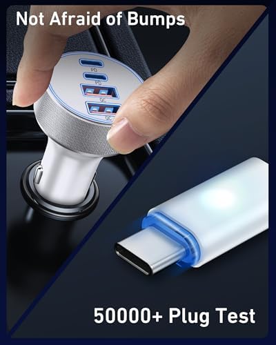4-Port USB C Car Charger with 90 W Super Fast Charging for i Phone 16/16 Pro Max & Android Devices – Dual USB-C & USB-A Adapter with 3 FT Cable for Seamless On-the-Go Power Supply – Ideal for Road Trips and Family Use