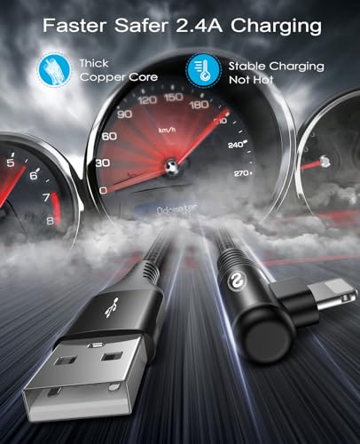 10 FT Right Angle i Phone Charger Cable 2-Pack – MFi Certified Lightning Fast Charging for i Phone 14/13/12/11 Pro Max & More – Durable Nylon Braided Design for Optimal Performance and Tangle-Free Convenience – Perfect for Gaming and Streaming