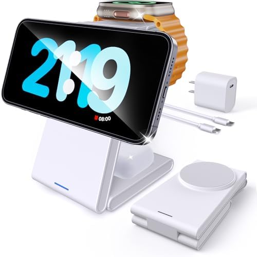 Ultimate Foldable 3-in-1 Wireless Charging Station for i Phone, Apple Watch & Air Pods – Travel-Friendly Mag Safe Compatible Multi-Device Dock with Fast Charging and Portable Design for Seamless Connectivity and Style
