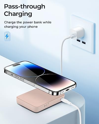 BENKS 10,000 m Ah Magnetic Power Bank – Ultra-Fast Wireless Charger for i Phone 15/14/13/12 Series, Mag Safe-Compatible, Sleek Pink Design with Dual 20 W USB-C Ports for Rapid Charging and Enhanced Portability