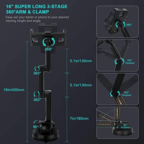 i Pad Pro 12.9 Inch Tablet Mount with 4-Inch Suction Cup and 16-Inch Adjustable Arm – Ultimate Versatile Holder for Trucks and Cars, Enhanced Protection, Effortless Charging, and Unmatched Stability for Work and Play