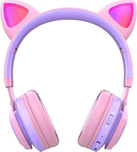 Riwbox CT-7 S Cat Ear Bluetooth Headphones for Kids – Fun LED Light Design with Safe 85 d B Volume Limiting, Comfortable Over-Ear Fit, Built-in Microphone for Seamless Video Calls and Gaming, Perfectly Compatible with Laptops, PCs, and TVs for Young Audiophiles Seeking Engaging Audio Adventures