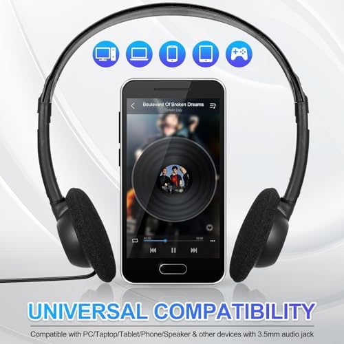 60-Piece Classroom Headphone Set – Adjustable On-Ear Design for All Ages – Noise-Canceling 3.5 mm Audio Jack – Premium Sound for Schools and Libraries – Hygienic, Durable, and Lightweight Headphones for Enhanced Learning Experiences – Perfect for Prolonged Use in Educational Settings