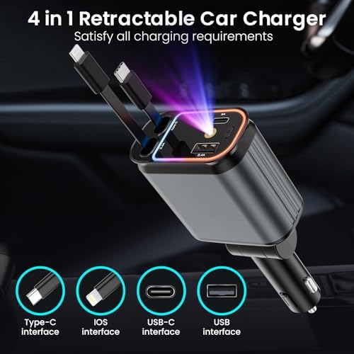 Innovative 66 W Retractable Car Charger Adapter with Ambient Starlight – 4-in-1 Fast Charging USB C Hub for i Phone 16/15/14/13/12/11, Galaxy, and Pixel Devices – Dual Retractable Cables for Effortless Multi-Device Charging and Clutter-Free Travel