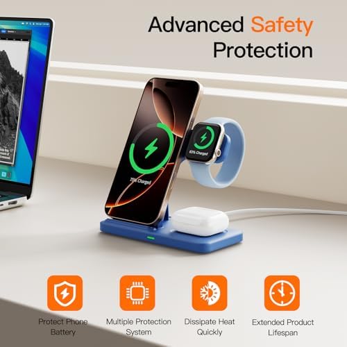 3-in-1 Wireless Charging Station for Apple Devices – 15 W Fast Charger Stand for i Phone 16/15/14/13/12/11, Apple Watch, and Air Pods – Convenient Portable Design with Enhanced Compatibility and Safety Features for Home and Travel – Perfect Gift for Tech Enthusiasts