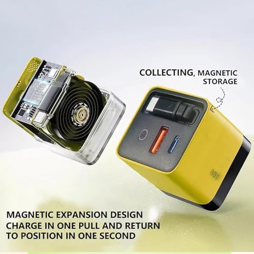 High-Power 80 W 3-in-1 Ga N Charger with Retractable Plug – Fast Charge Solution Featuring Type-C Cable & Dual USB Ports for i Phone and More, Stylish Travel-Ready Yellow Design for Ultimate Device Compatibility and Efficiency