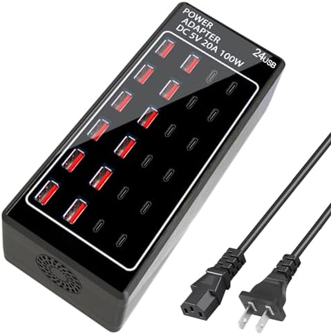 24-Port USB Charging Hub with 100 W Fast Charge Capability – Multi-Device Desktop Station with 12 USB-A & 12 USB-C Ports for Rapid Power Delivery to i Phone, i Pad, Samsung Galaxy, Laptops, and More – Space-Saving Design Ideal for Home or Office Use