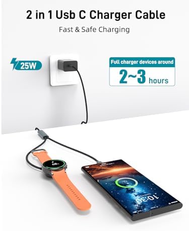 Revolutionary 2-in-1 Samsung Fast Charger for Galaxy Devices – 25 W USB-C Power Adapter with 4.9 ft Cable for Galaxy Watch Ultra/7/6/5/4/3 & S Series (S25/S24/S23/S22/S21/Note20/10) – Optimal Travel Solution for Quick & Efficient Charging