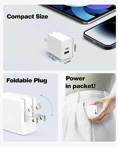 20 W Dual-Port Fast Charger for i Pad: Rapid Charging Solution with 6.6 ft USB-C to Lightning Cable – Compatible with i Pad 9/8/7/6/5, i Pad Air 2/3, i Pad Mini 3/4/5, Compact & Portable Foldable Wall Adapter for Dual Device Charging