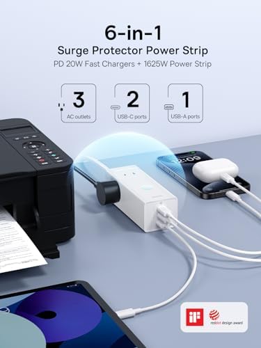 Baseus 1200 J Surge Protector Power Strip – PD 40 W USB-C Fast Charging Station with 3 AC Outlets & 3 USB Ports for Ultimate Device Compatibility in Home, Office, or Dorm Room – Safe, Efficient, and Compact Charging Solution