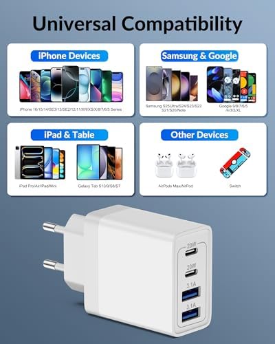 Ultimate European Travel Plug Adapter with 4 USB-C Fast Charging Ports and 10 FT Type C Cable – High-Power 40 W Wall Charger for i Phone 16/15 Pro Max and Samsung S24/S23 – Seamless Power Solution for Your European Journey