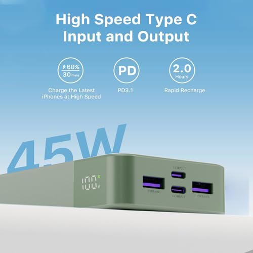 Juovi 20000 m Ah Ultra-Fast Portable Charger – 45 W PD3.0 Power Bank with Dual USB-C & USB-A Ports, LED Digital Display for Smart On-the-Go Device Charging – Ideal for i Phone 15/16, Mac Book, Samsung & More – Perfect Power Solution for Travelers, Students & Professionals in Trendy Pink Finish