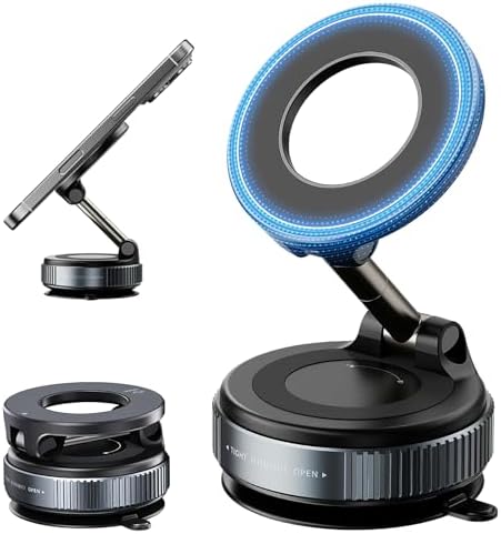 720°Rotatable Vacuum Magnetic Phone Stand, Vacuum Magnetic Phone Holder Foldable&Adjustable, Suction Cup Phone Mount for Car/Gym/Mirror/Shower/Smooth Surface, Compatible iPhone 16 15 14 13 12 &Android – Enhanced Compatibility and Speed