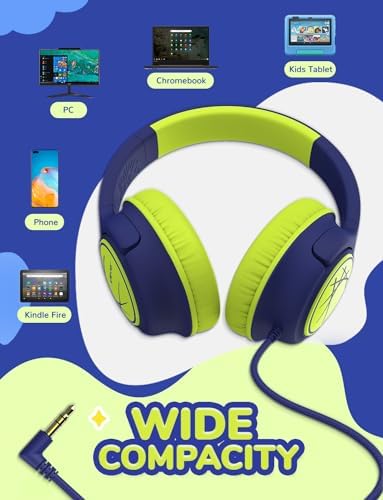 i Clever Kids Headphones: Safe 85 d B Volume Limit, Ergonomic Foldable Design, Superior Stereo Sound, 3.5 mm Jack Compatibility – Ideal for Travel, School & Home Use – Stylish Blue-Green for Boys & Girls