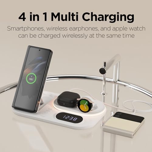 mooas 4-in-1 Fast Wireless Charging Station with LED Clock and Nightlight – Ultimate Multi-Device Charger for i Phone 15/14, Galaxy S24/S23, Apple Watch, and Air Pods – Stylish, Efficient Power Hub with Enhanced Compatibility and Fast Charging Capability