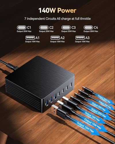 140 W Ga N III USB-C Fast Charging Station – 7-Port Multi-Device Hub with PD 3.0 Technology for Rapid Laptop, Tablet, and Smartphone Charging – Ideal Portable Power Strip for Home, Travel, and Office Use