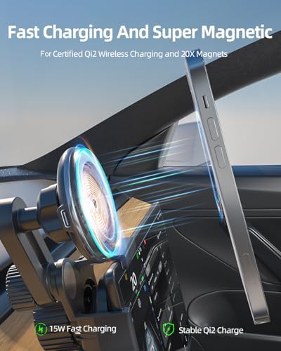 Revolutionize Your Driving with the Qi2 15 W Tesla Phone Mount Charger: Fast Charging, Heat Restriction, and Unmatched Suction for Model Y & 3 – Perfectly Compatible with i Phone 16-12 Series, Includes 40″ C-C Cable for Seamless Connectivity and Safety