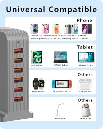 VPSUN 6-Port USB Charging Station – 50 W Rapid Multi-Device Charger for i Phone 15/14 Pro, Androids & Tablets – Space-Saving Tower Design for Home & Office – Smart Power Distribution for Optimal Charging Efficiency