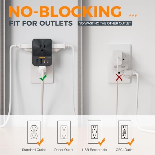 TESSAN 20 W USB C Charger Block with 3 Outlet Surge Protector – Fast Charging Multi-Port Wall Adapter for Home, Office, and Dorm Use – Compact Design with Enhanced Compatibility for All Devices