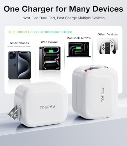 Experience Maximum Efficiency with TORRAS Flex Line 40 W Dual-Port USB-C Charger Block for Galaxy Z Fold 7 – Fast Charging Power Adapter with Retractable Cable, Ideal for i Phone 15/16 & Samsung Galaxy S25/S24 Ultra, Sleek Gold Finish for Ultimate Style and Portability