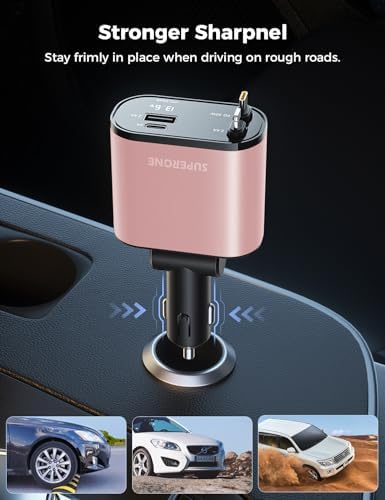 Introducing the SUPERONE 4-in-1 Retractable Fast Car Charger: Ultimate On-the-Go Charging Solution for i Phone, Galaxy & Pixel Devices – Featuring 2.6 ft Tangle-Free Cord, Enhanced USB C & Apple Compatibility, and Sleek Design for Effortless Portability. Experience lightning-fast charging to keep your devices powered during road trips or daily commutes, ensuring you’re always connected. This innovative retractable charger is engineered for maximum efficiency, accommodating a wide range of smartphones including i Phone 16, 15/15 Pro Max, 14, 13, 12, 11 and popular Galaxy and Pixel models. With its compact construction and high-quality materials, this charger not only enhances your charging experience but also withstands everyday wear and tear. Elevate your mobile charging with the SUPERONE car charger – where convenience meets cutting-edge technology for busy professionals and families on the move.