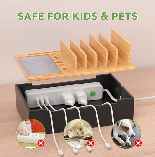 Pezin & Hulin Eco-Friendly Bamboo Charging Station – 10-Port USB Dock Organizer with 6 Cables, Enhanced Power Supply & Cable Management for Multi-Device Charging, Sleek Natural and Black Design for Homes and Offices