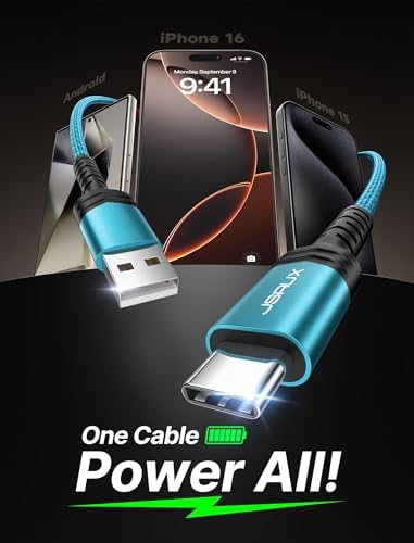 JSAUX 10 ft USB C Cable 2-Pack – High-Speed Charging & Data Transfer for i Phone 16 Series, Samsung Galaxy S20/S10/S9 & Note 20 – Durable Nylon Braided Design for Ultimate Reliability – Perfect for Home, Office & On-the-Go Use – Enhanced Compatibility with USB 3.1 Technology – Sleek Black Finish for Professional Aesthetics