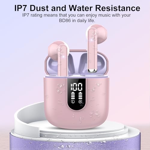 Jesebang Pink Bluetooth 5.3 Wireless Earbuds – Stylish Stereo Earphones with ENC Microphone, 30-Hour Playtime, IP7 Waterproof Rating for Gym & Outdoor Adventures, Dual LED Battery Display – Ultimate Audio Freedom on the Move