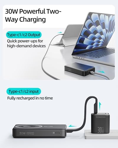 ROMOSS Magnetic Wireless Power Bank – 10,000 m Ah Portable Charger with PD 20 W Fast Charging for i Phone 12-16 Series – Compact, Lightweight, and Tangle-Free Mag Safe Battery Pack with USB-C Port – Ultimate On-the-Go Charging Solution