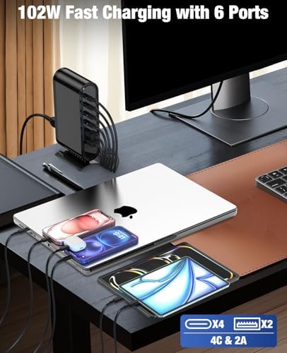 High-Power 96 W Multi-Device Charging Station – 6-Port USB-C Fast Charging Hub with 6 ft Cables for i Phone 16, 15 Pro Max, Samsung, Android & i Pad – Sleek Black Organizer for Home & Office Use – Rapid Charging Solution to Eliminate Cable Clutter