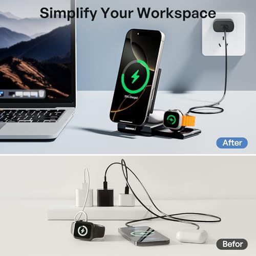Ultimate 3-in-1 Travel Wireless Charging Dock for i Phone, Apple Watch & Air Pods – Foldable Mag Safe-Compatible Fast Charging Station with 20 W Adapter for Enhanced Portability and Convenience