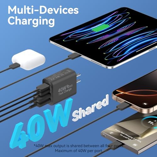 40 W USB C Charger Block – Dual Pack of 4-Port Fast Charging Power Bricks with PD & QC 3.0 Technology for i Phone 16/15/14/13/12/11 Pro Max, i Pad, Galaxy, Pixel – Sleek White & Blue Design for Convenient Multi-Device Charging