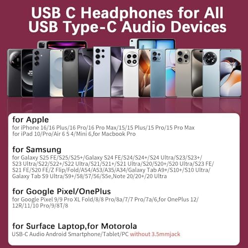 USB C Wired Earbuds: Premium Noise Cancelling Hi-Fi Stereo Earphones with In-Line Mic & Volume Control for Samsung S25, S24 FE, i Phone 16 – Durable Nylon Design for Ultimate Comfort & Longevity, Perfect for Galaxy A56, A55, A35 – Elevate Your Audio Experience Effortlessly