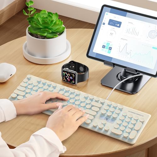 Transform Your Workspace with the Surmen Pink Retro Typewriter Keyboard – Backlit, Quiet & Full-Size 104 Keys for Effortless Typing and Style, Perfect for Home and Office Use!