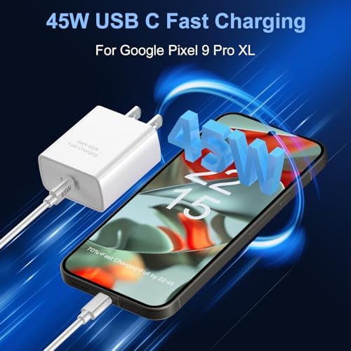 45 W Ga N USB-C Fast Charger Duo for Google Pixel – Compact Charging Solution with Dual 6.6 FT C to C Cables – Rapid Power Boost for Pixel 9 Pro, 8, 7, 6 – Enhanced Safety Features for Reliable Use