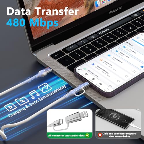 Coiled USB to USB-C and Lightning Cable 2-in-1 – MFi Certified for Apple Car Play & Android Auto, 3 A Fast Charging & Data Sync, Compact Short Cable for i Phone 16/15/14/13/12 & Galaxy – Superior Versatility & Durability in White