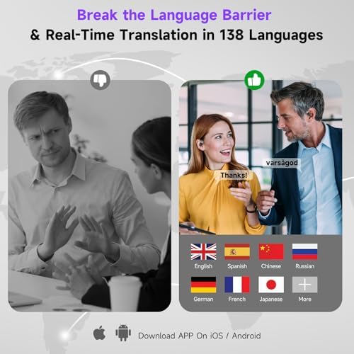 Advanced Real-Time Language Translation Earbuds with Smart Touch Control – 50 Hours of Nonstop Listening – Offline Translation for Travelers – Perfectly Compatible with i OS & Android Devices (Elegant Black) – Elevate Your Multilingual Communication Experience