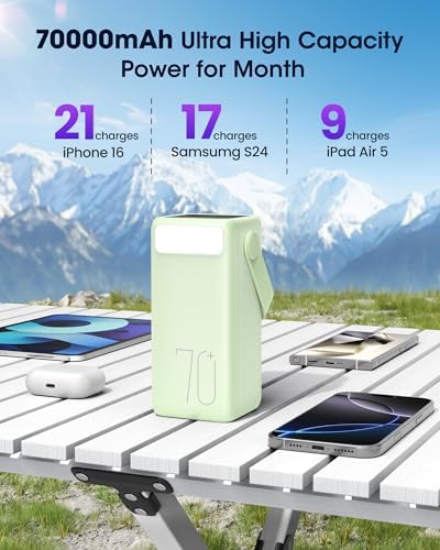 Ultra High-Capacity 70000 m Ah Power Bank – 22.5 W Fast Charging Portable Charger with LED Display & Built-In Flashlight – Ideal for Camping, Travel, and Emergency Use – Multiple Outputs for i Phone, Samsung, i Pad, and More – Stay Connected Anywhere with Long-Lasting Power Solution – Lightweight Design with Convenient Carry Strap and Real-Time Power Monitor – Comprehensive Safety Features Including Overcharge and Short Circuit Protection – Perfect for Outdoor Adventures and Unexpected Power Outages – Includes USB-C Charging Cable and 2-Year Customer Support for Peace of Mind