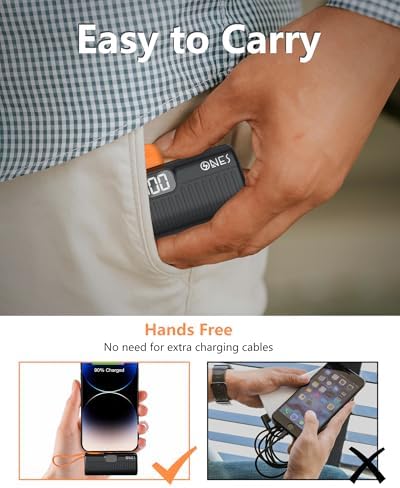 ONES Portable Power Bank 5000 m Ah – Ultra Compact Fast Charger with LED Display for i Phone & Samsung | Mini Backup Battery Pack with Lightning Plug & USB-C Cable | Essential Emergency Phone Charger for On-the-Go Lifestyle