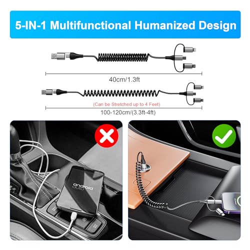 Universal 6-in-1 Coiled USB A/C to USB-C/Lightning/Micro Charging Cable – 3 A High-Speed Charging for i Phone, i Pad, and Android Devices – Seamless Compatibility with Apple Car Play & Android Auto – Tangle-Free Design for Ultimate Portability and Convenience
