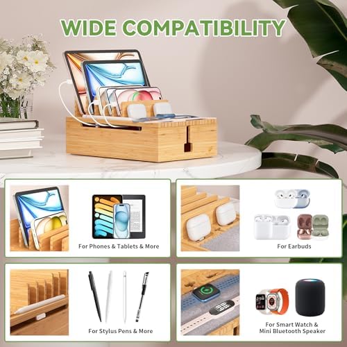 Pezin & Hulin Eco-Friendly Bamboo Charging Station – 10-Port USB Dock Organizer with 6 Cables, Enhanced Power Supply & Cable Management for Multi-Device Charging, Sleek Natural and Black Design for Homes and Offices