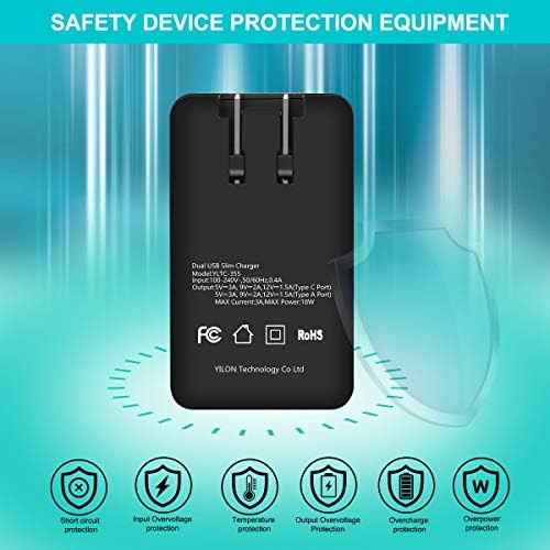 YILON Ultra-Slim 18 W Fast Plug Charger – Portable Dual-Port USB-C & QC3.0 Wall Adapter for Quick Charging i Phone X/11/12 Pro Max, Air Pods, Galaxy, i Pad Pro – Enhanced Safety & Travel Efficiency