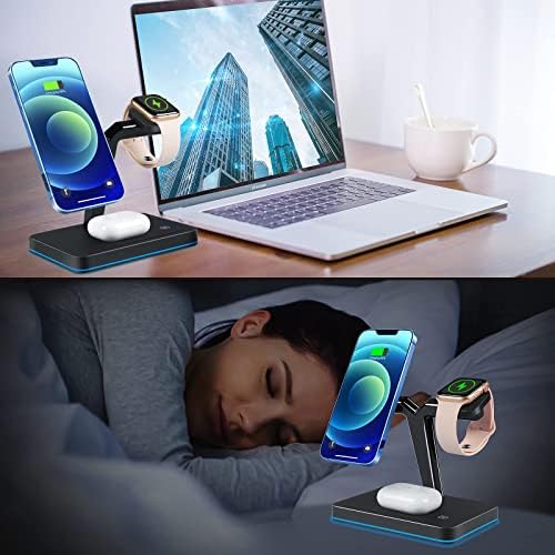 Transform Your Charging Experience with the 15 W Magnetic Wireless Charger – Ultimate 3-in-1 Qi Fast Charging Hub for i Phone 14/13/12, Apple Watch Series 7/SE/6/5/4/3/2 & Air Pods 3/2/Pro – Effortless Magnetic Alignment, Sleek Aesthetic, and Instant Use with Included Adapter – Maximize Performance and Extend Device Longevity for Home and Office Use