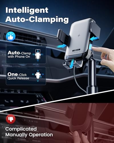 Revolutionary Auto-Clamping Wireless Car Charger with Robust Cup Holder Mount – 15 W Fast Charging for i Phone 11-16 Pro Max & Samsung S20-S24 Ultra, Universal Fit for Pixel 4-8 Pro – Maximize Safety and Convenience While Driving
