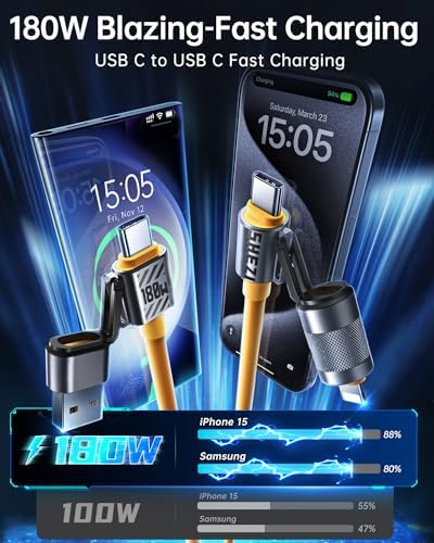 Ultimate 240 W SHEZI 4-in-1 USB C Charging Cable: Fast Charging & 480 Mbps Data Sync, Multi-Device Compatibility with L-Type, Type C, USB A Ports – 5 ft Stylish Pink Design for Enhanced Performance and Portability