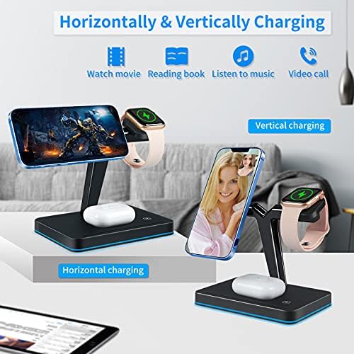 Transform Your Charging Experience with the 15 W Magnetic Wireless Charger – Ultimate 3-in-1 Qi Fast Charging Hub for i Phone 14/13/12, Apple Watch Series 7/SE/6/5/4/3/2 & Air Pods 3/2/Pro – Effortless Magnetic Alignment, Sleek Aesthetic, and Instant Use with Included Adapter – Maximize Performance and Extend Device Longevity for Home and Office Use
