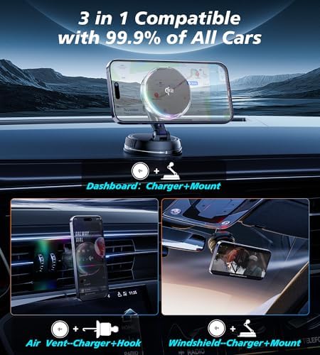 Ultimate Qi2 15 W Mag Safe Car Mount Charger with Cooling Fan – Enhanced Rapid Charging and 78+ lbs Suction Power for i Phone 12-16 – Stylish RGB Lighting and Optimal Device Protection for On-the-Go Convenience and Hands-Free Navigation